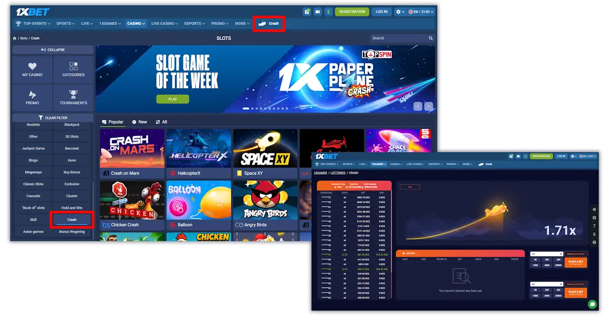 1xBet Crash Games Screenshot